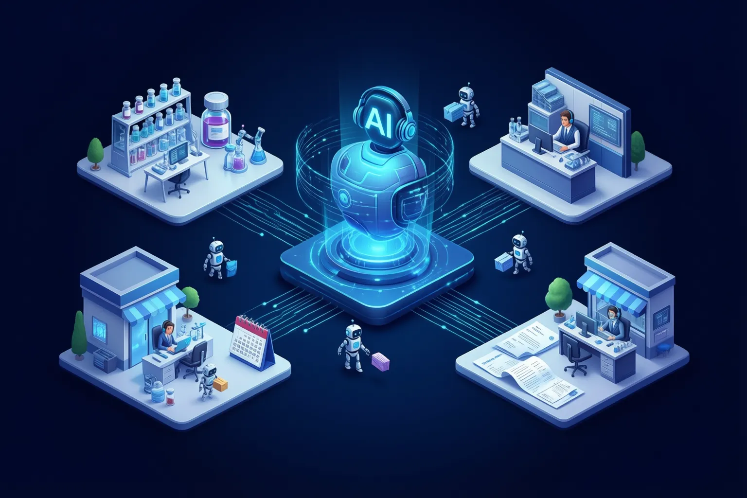 AI agents built around a business: pharma lab, support desk and back office connected to one agent hub