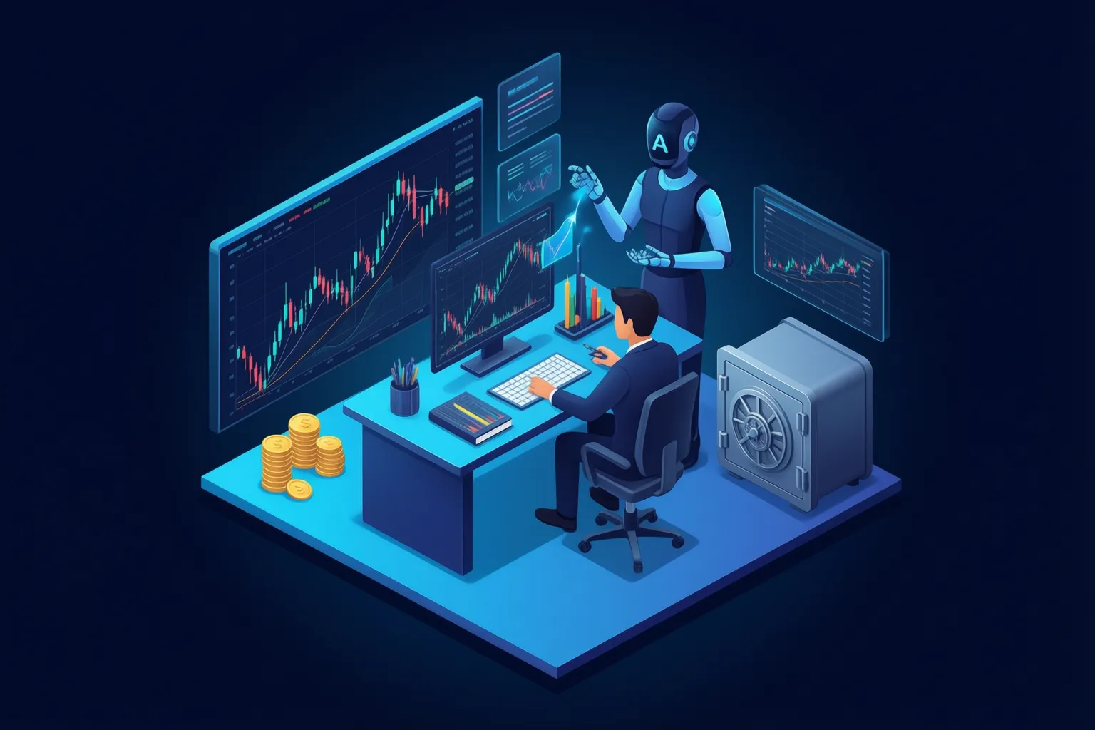 A trader reviewing AI market signals with a human in the loop