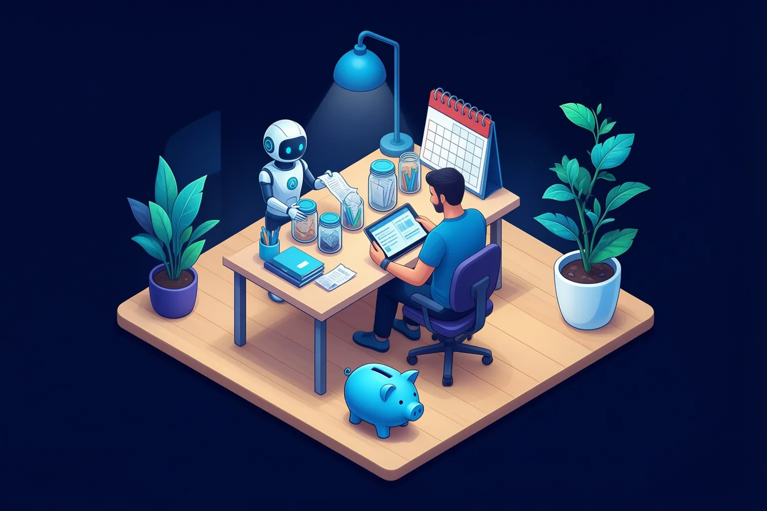 AI helping a person organize budget, savings and bills