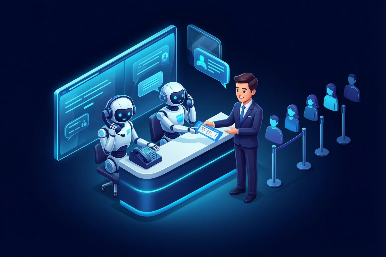 AI agents at a small-business front desk answering calls and chats while customers wait less
